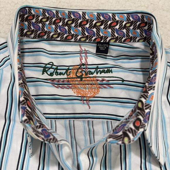 Robert Graham Dress Shirt Mens XXL 2XL Blue Striped Colorful Flip Cuff Button Up - Picture 4 of 7